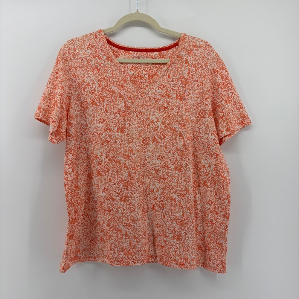 Lands End Women's Orange Paisley Print Short Sleeve V Neck T Shirt Top Size‎ L